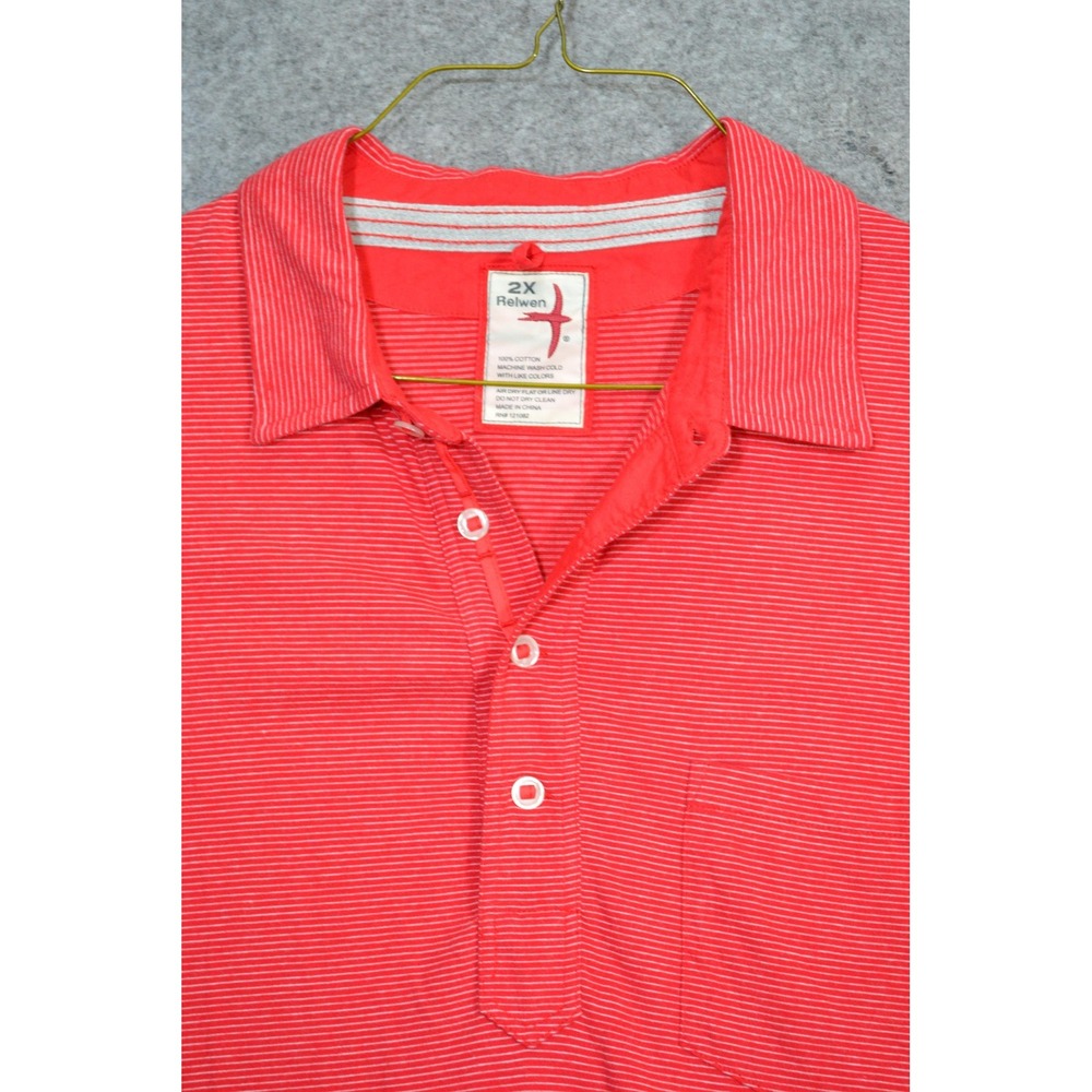 Relwen Polo Shirt Mens 2XL Red Stripe Cotton Jersey Pocket Short Sleeve Casual